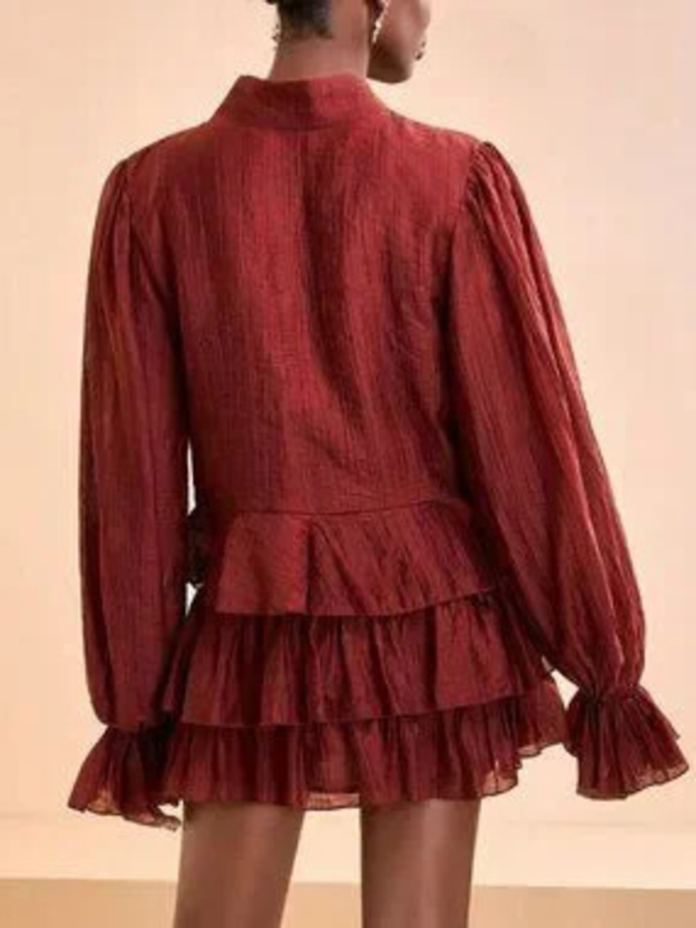 Rust Brown Boho Women's Mini Dress with Sleeves and Ruffle Details - Picture 2 of 6